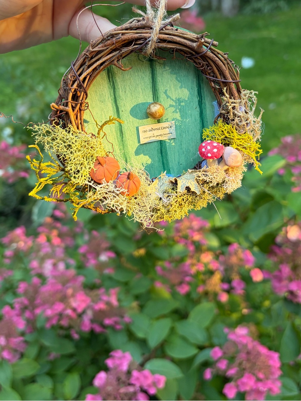 Handmade Green Fairy/ hobbit Door Wreath with Moss & Mini Pumpkins